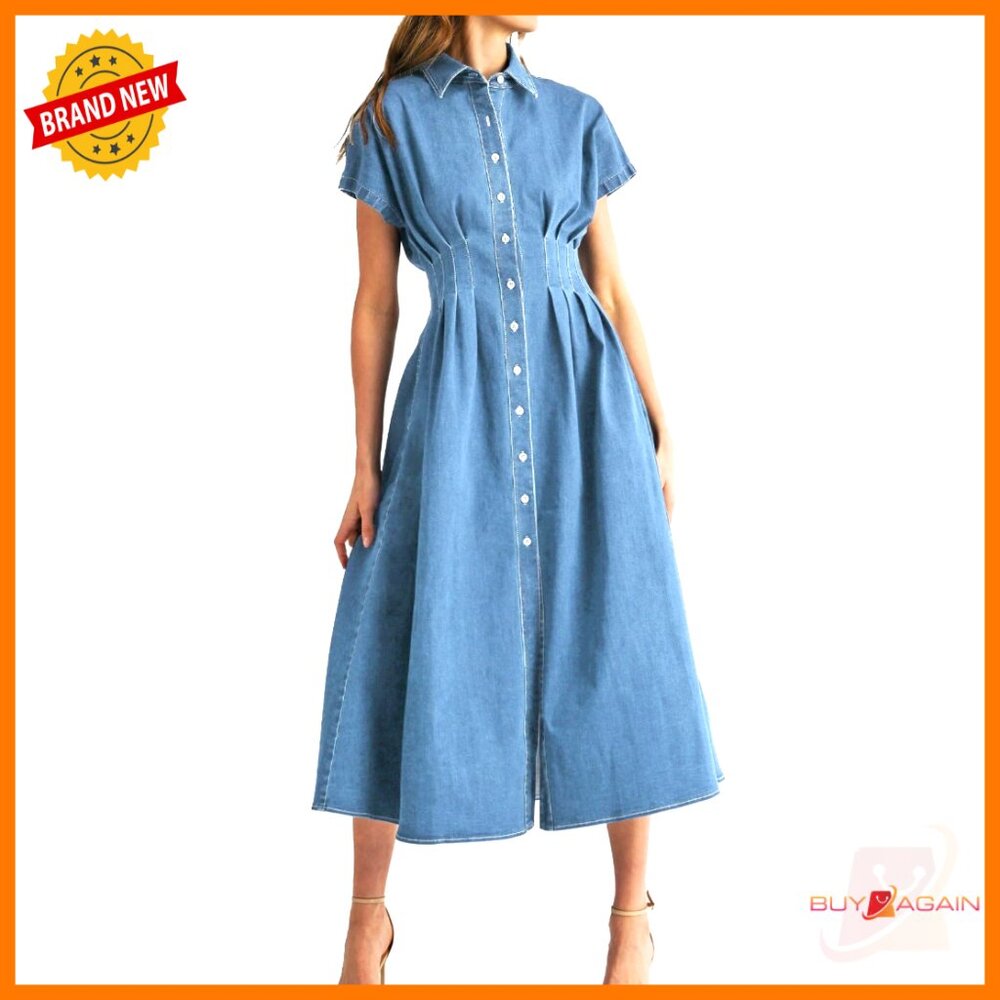 Cotton Denim Midi Dress Short Sleeve Button Down Casual Summer